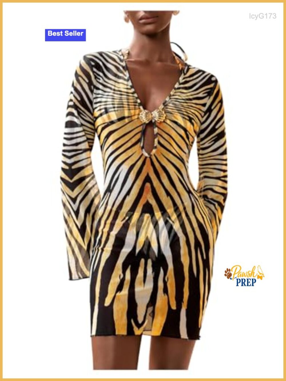 Zebra Print Mesh Mini Beach Dress Swim Cover Up V-Neck Bell Sleeve